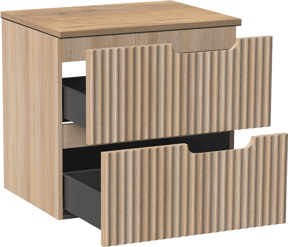 Linie Ribbo meuble salle de bains suspendu 60 x 46 cm chêne clair avec Lado tablette simple en mélaminé chêne naturel, Nervure circulaire symétrique verticale