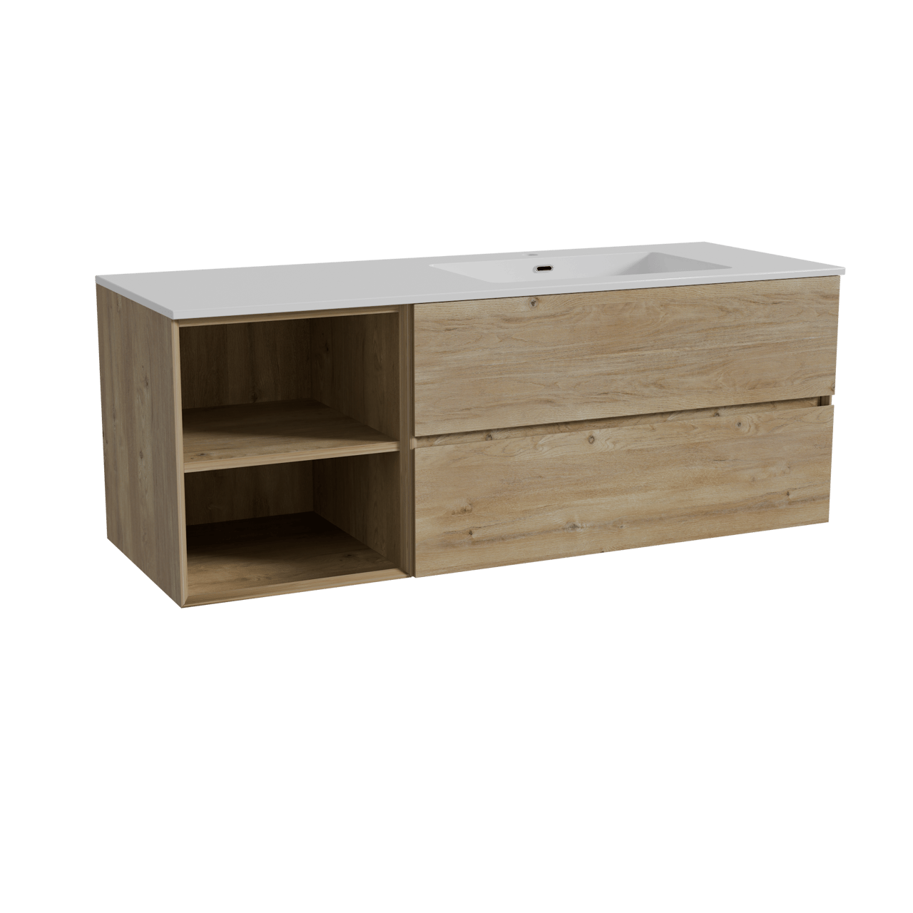 Storke Edge zwevend badmeubel 140 x 52 cm ruw eiken met Diva asymmetrisch rechtse wastafel in composietmarmer hoogglans wit