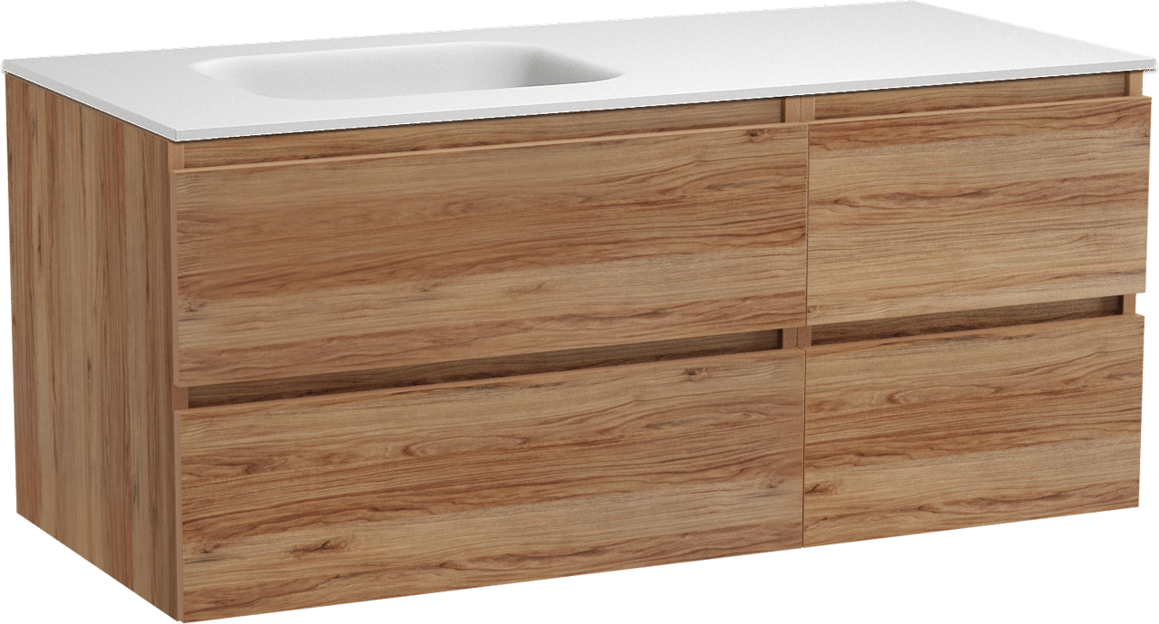 Balmani Lucida hängendes Möbelstück Set: 120 x 55 cm, Teak, mit Tablo Arcato Waschtisch links, Solid Surface Weiß matt
