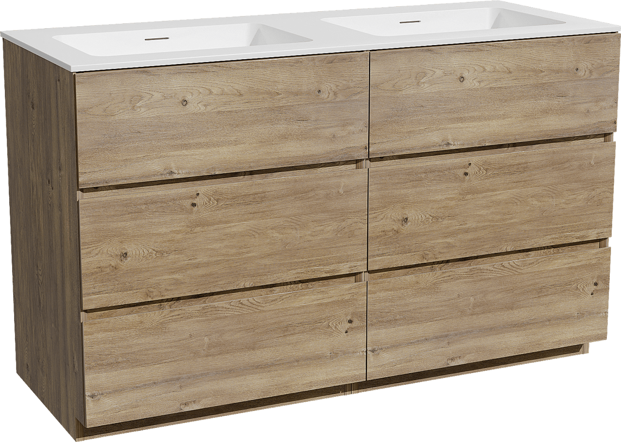 Storke Edge staand badkamermeubel 130 x 52 cm ruwe eik met Mata dubbele wastafel in solid surface mat wit