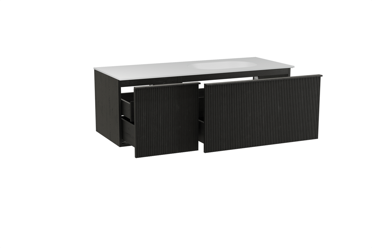 Balmani Forma zwevend badkamermeubel 135 x 55 cm zwarte eik met Tablo Oval asymmetrisch rechtse wastafel in solid surface mat wit, Verticale symmetrische rechte ribbel