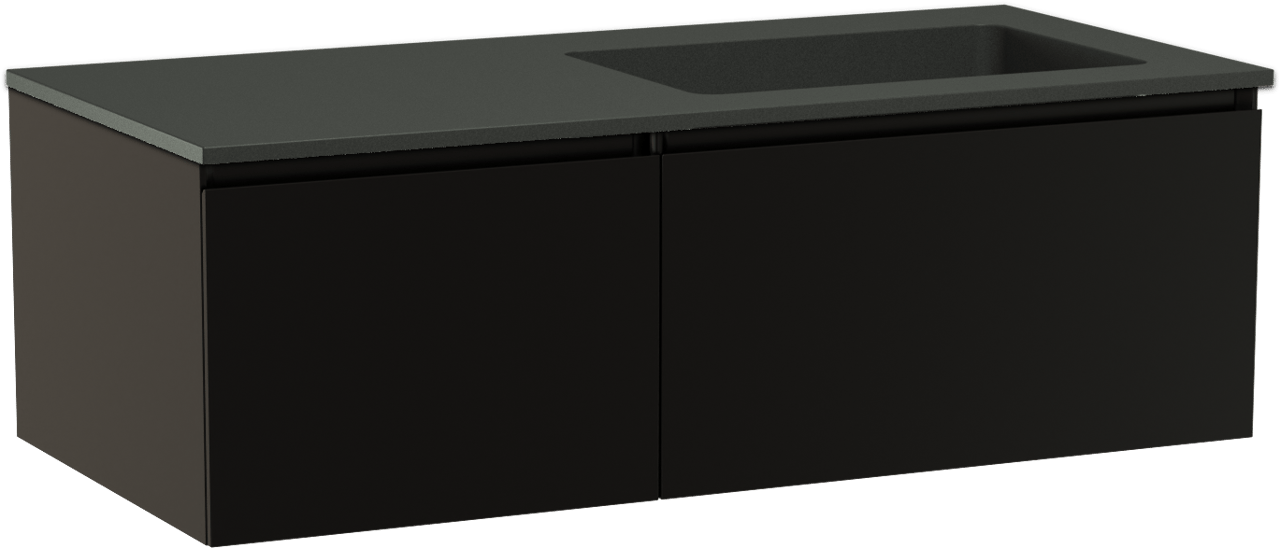Storke Edge zwevend badmeubel 110 x 52 cm mat zwart met Scuro asymmetrisch rechtse wastafel in kwarts mat zwart
