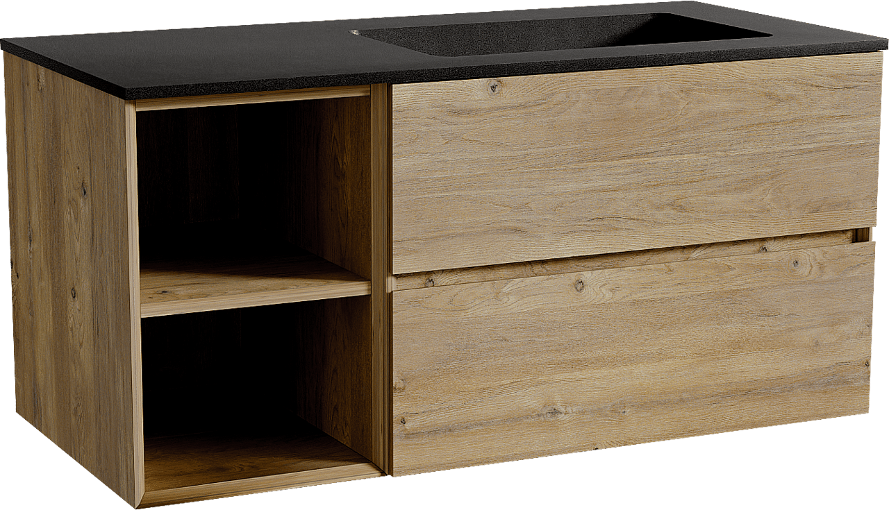 Storke Edge zwevend badmeubel 110 x 52 cm ruw eiken met Scuro asymmetrisch rechtse wastafel in kwarts mat zwart