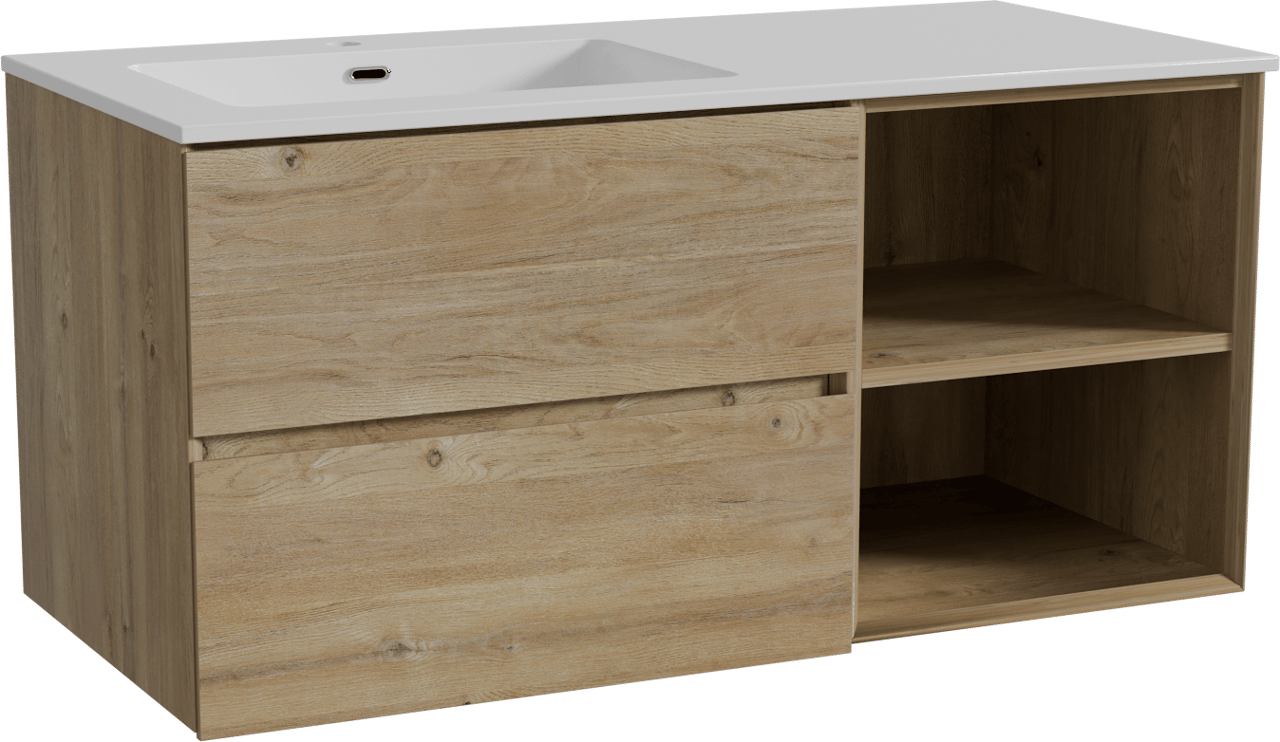 Storke Edge zwevend badmeubel 110 x 52 cm ruw eiken met Diva asymmetrisch linkse wastafel in composietmarmer hoogglans wit