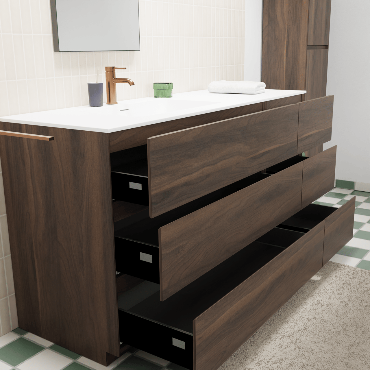 Storke Edge staand badmeubel 150 x 52 cm notenhout met Mata asymmetrisch linkse wastafel in solid surface mat wit