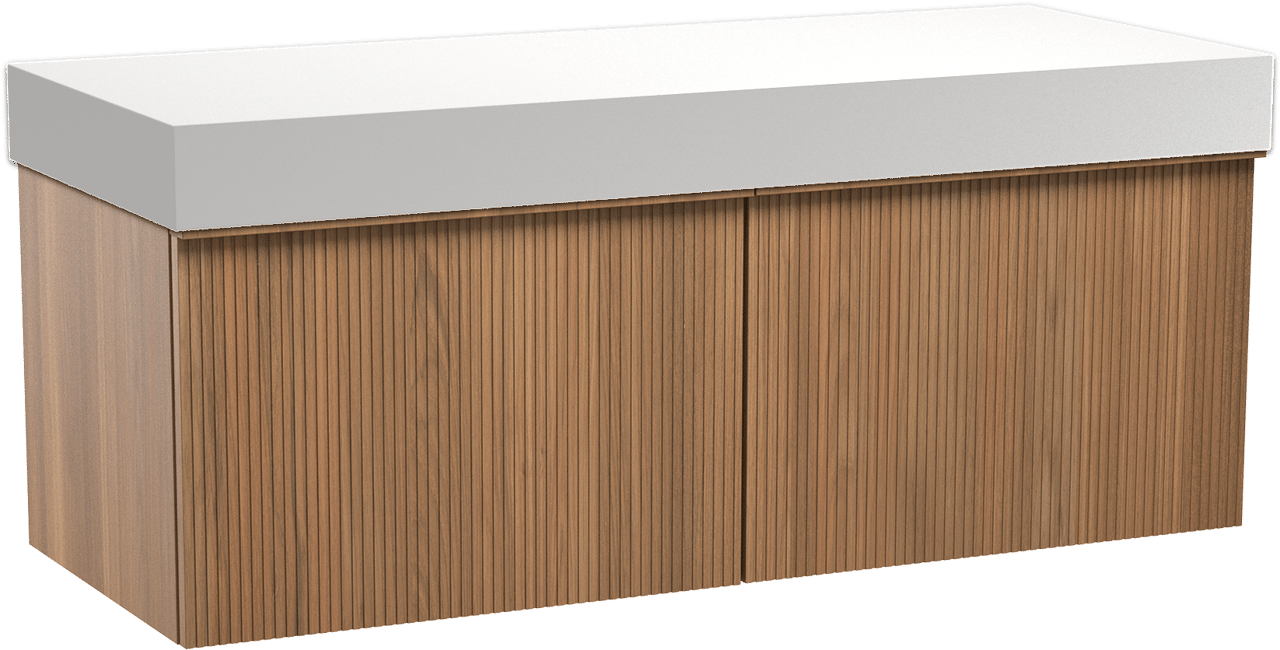 Balmani Forma zwevend badkamermeubel 135 x 55 cm teak met Dominus enkel of dubbel tablet in solid surface mat wit, Verticale symmetrische rechte ribbel