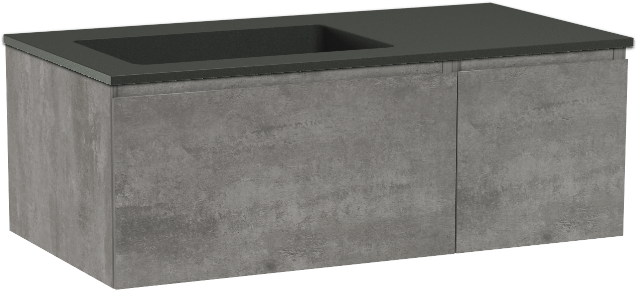Storke Edge meuble salle de bains suspendu 100 x 52 cm béton gris foncé avec Scuro plan vasque asymétrique à gauche en quartz noir mat