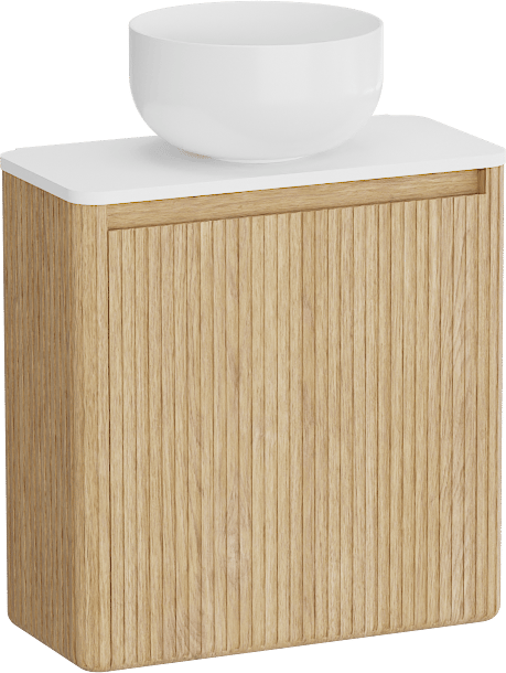 Balmani Fara Ribs meuble wc suspendu 45 x 22 cm chêne naturel avec Fara Stretto tablette et Bowl vasque à poser en Solid Surface mat