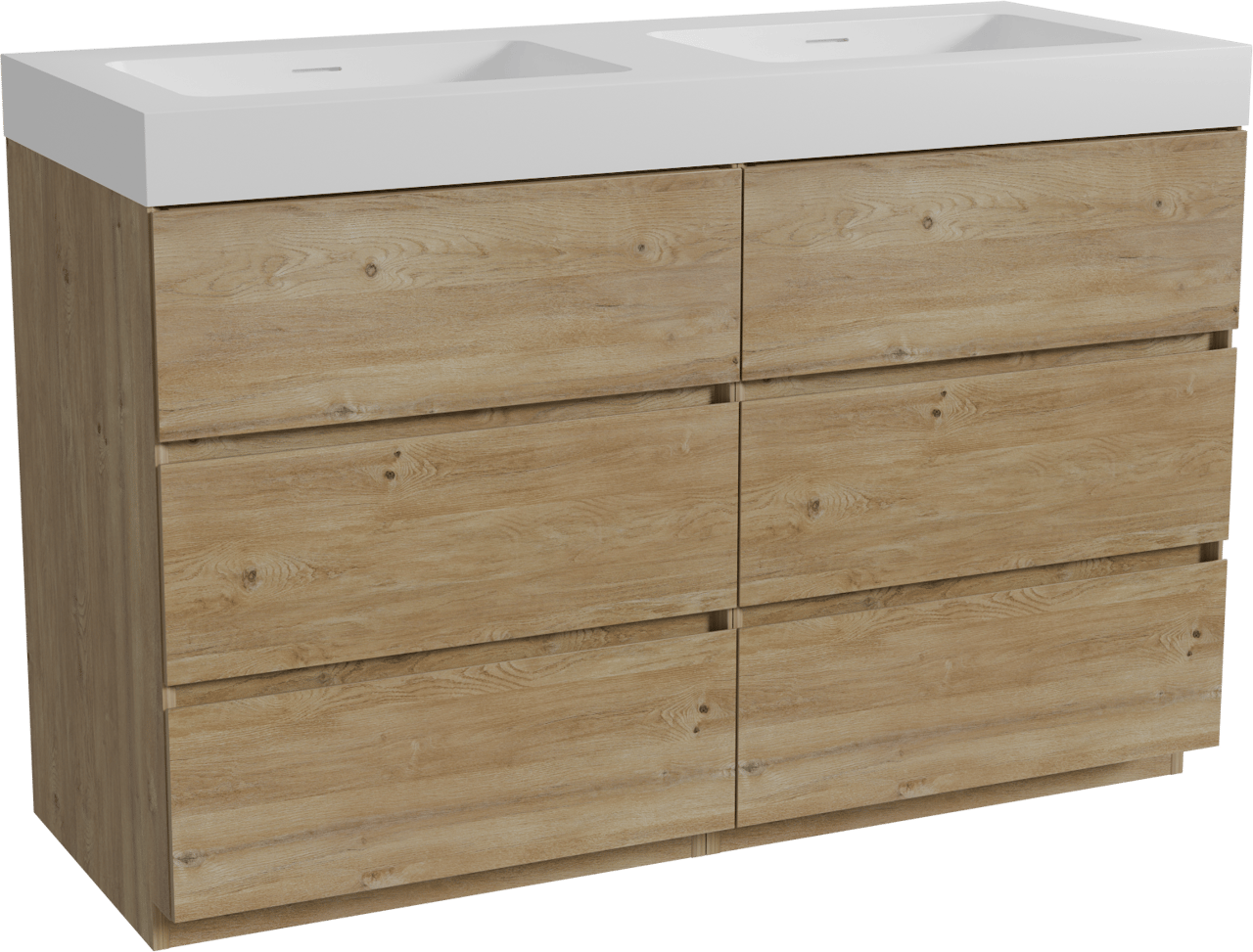 Storke Edge staand badmeubel 130 x 52 cm ruw eiken met Mata High dubbele wastafel in solid surface mat wit