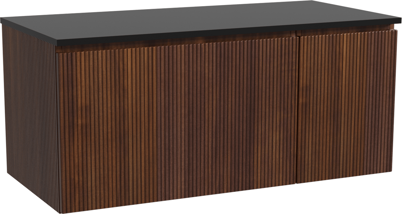 Storke Ribs zwevend badmeubel 110 x 52 cm notenhout met Panton enkel wastafelblad in gepoedercoate mdf mat zwart, Verticale symmetrische rechte ribbel