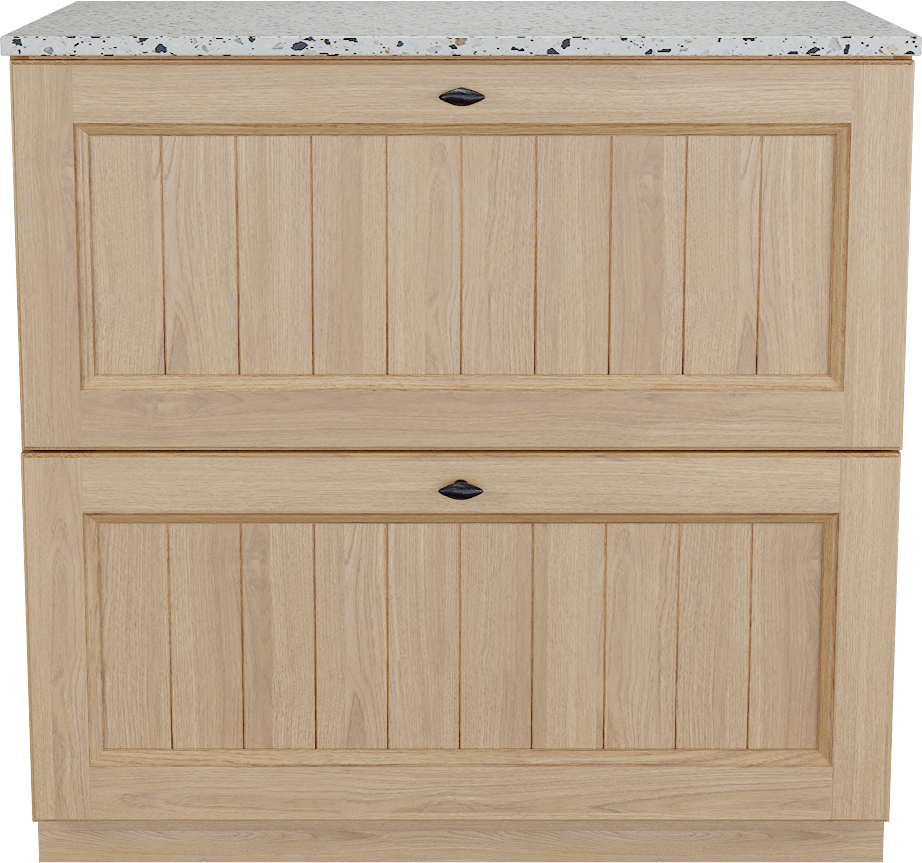 Balmani Lemon freistehendes Möbelstück Set: 90 x 55 cm, Naturbelassene Eiche Furnier, mit Stretto Einzel Waschtischplatte, Terrazzo in Weiß/Schwarz matt