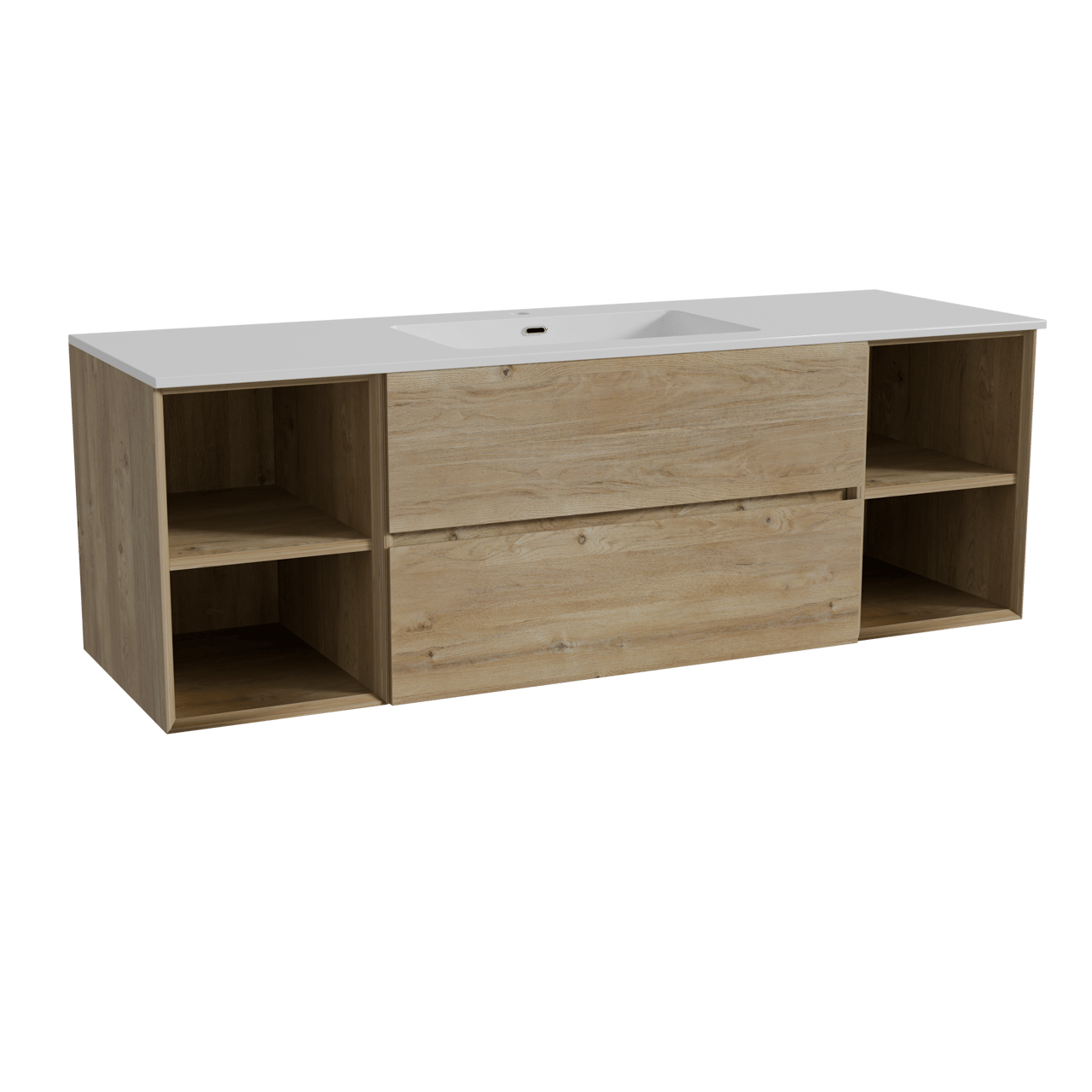 Storke Edge zwevend badkamermeubel 155 x 52 cm ruwe eik met Diva enkele wastafel in composietmarmer glanzend wit