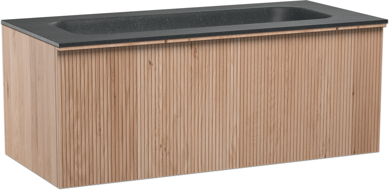 Balmani Forma zwevend badkamermeubel 120 x 55 cm natuur eik met Tablo Arcato enkele wastafel voor 2 kraangaten in graniet zwart, Verticale symmetrische rechte ribbel