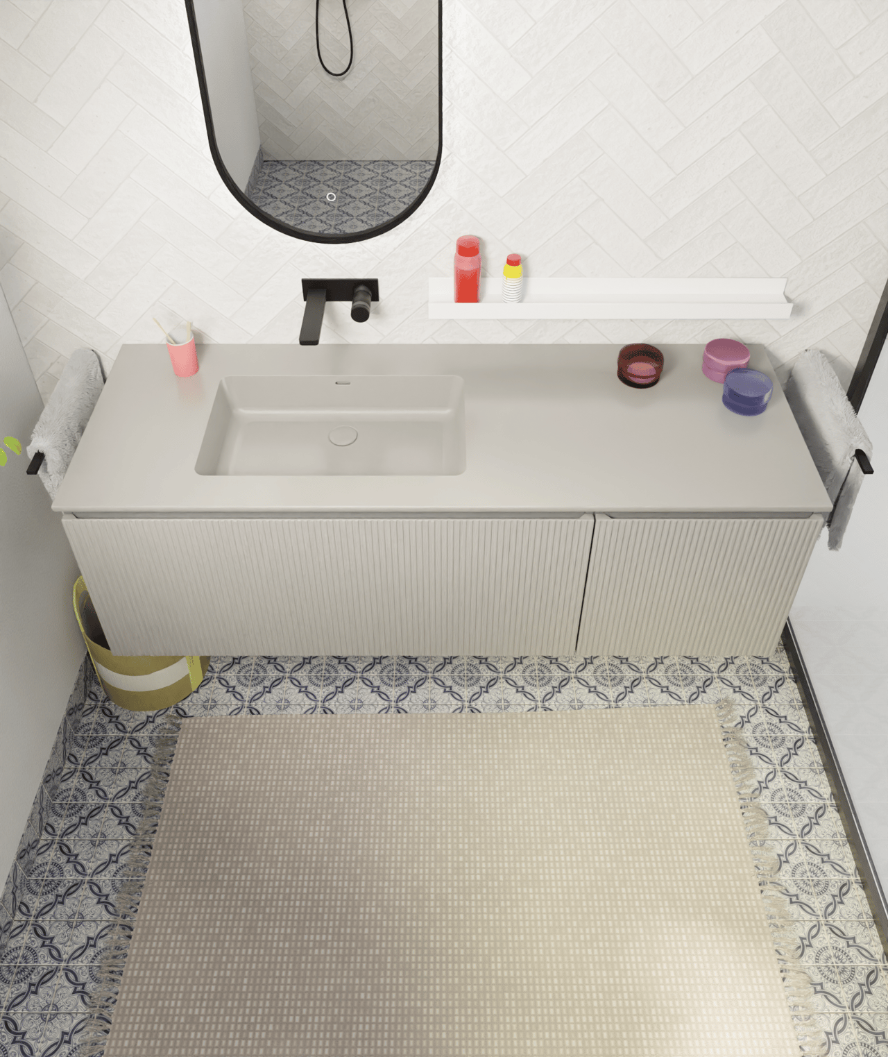 Storke Diva asymmetrisch linkse wastafel mat zijdegrijze top solid 150 x 52 cm