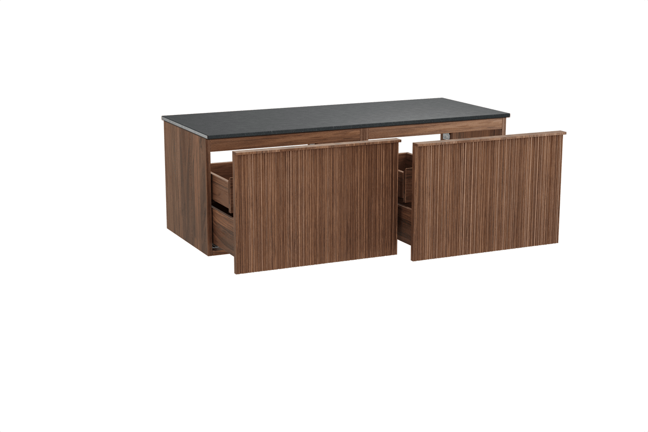 Balmani Forma zwevend badmeubel 135 x 55 cm amerikaans notenhout met Stretto enkel of dubbel wastafelblad in zwart graniet, Verticale asymmetrische ronde ribbel
