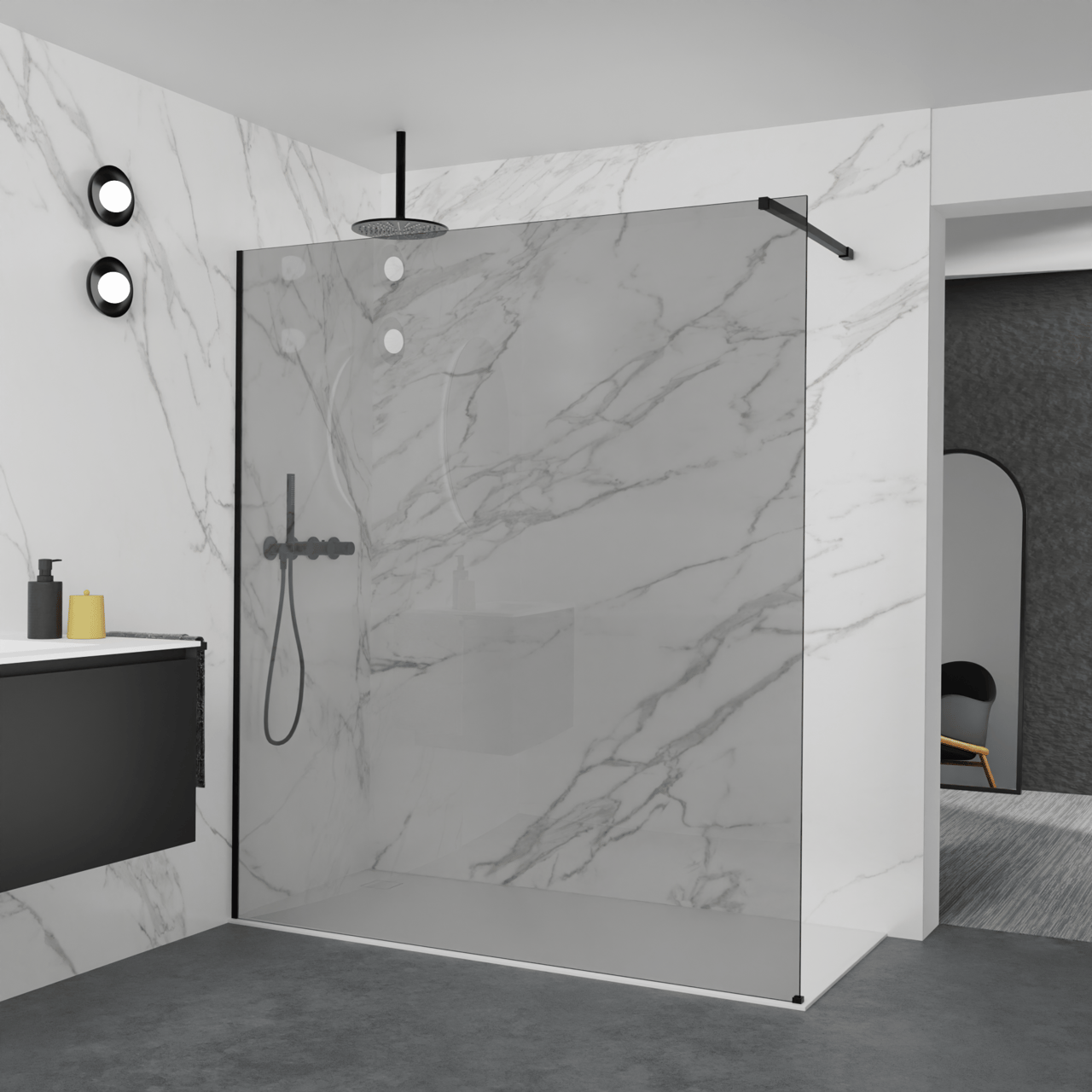 Balmani Modular inloopdouche: 180 x 200 cm, Rookglas, Mat zwarte profielen