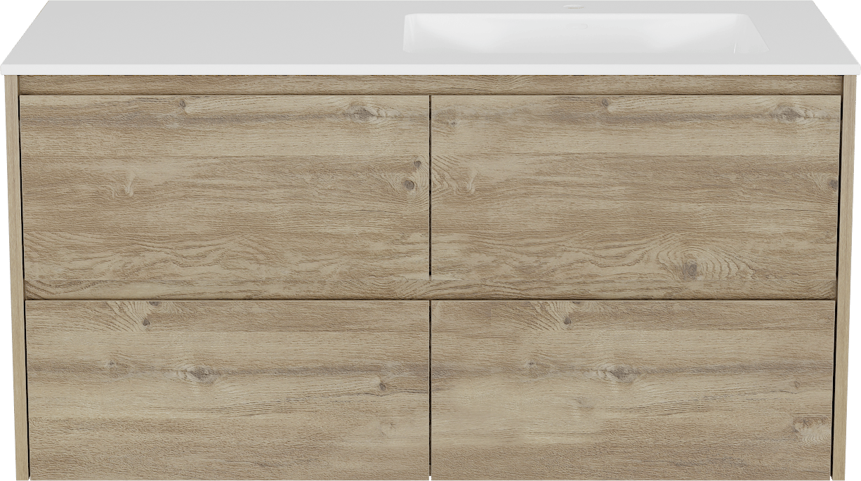 Storke Seda zwevend badkamermeubel 120 x 52 cm ruwe eik met Bilia asymmetrisch rechtse wastafel in composietmarmer glanzend wit