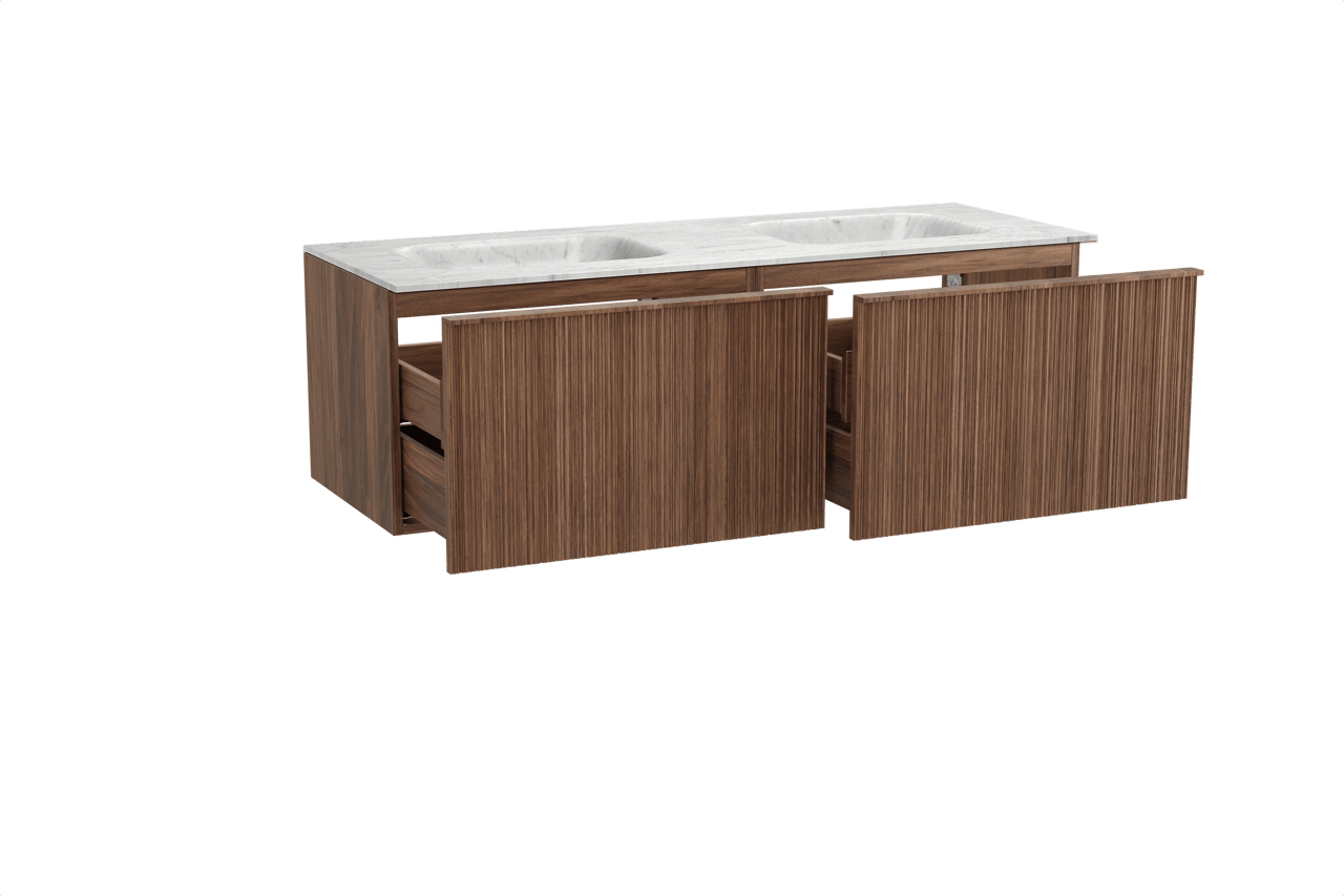 Balmani Forma zwevend badmeubel 150 x 55 cm amerikaans notenhout met Tablo Arcato dubbele wastafel in marmer carrara, Verticale asymmetrische ronde ribbel