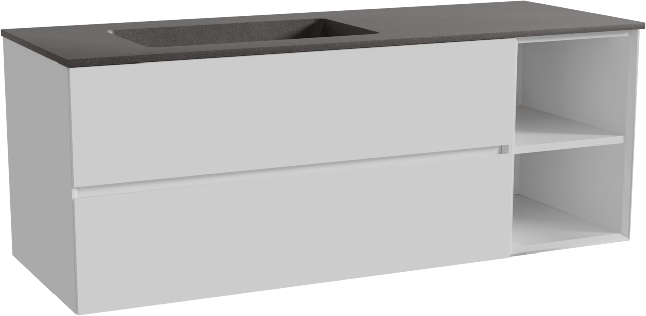 Storke Edge meuble salle de bains suspendu 140 x 52 cm blanc brillant avec Scuro plan vasque asymétrique à gauche en quartz noir mat