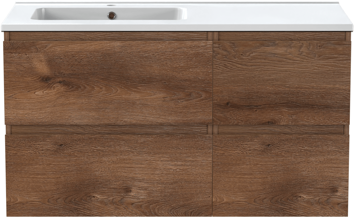 Linie Lado zwevend badmeubel 100 x 46 cm bruin eiken met Vano asymmetrisch linkse wastafel in composietmarmer hoogglans wit
