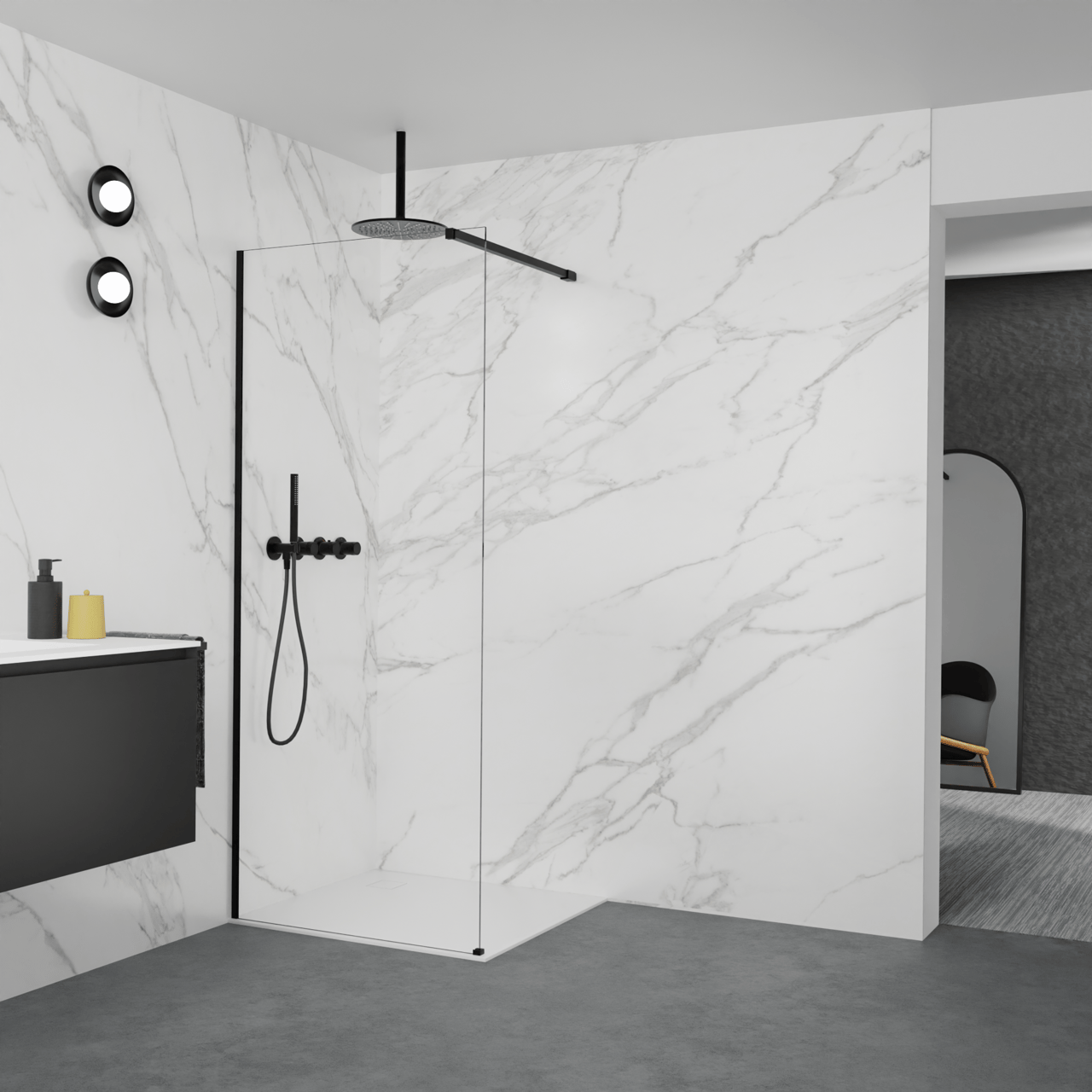Balmani Modular Walk-In Dusche: 90 x 200 cm, Klarglas, inklusive Coating, Profil Schwarz matt