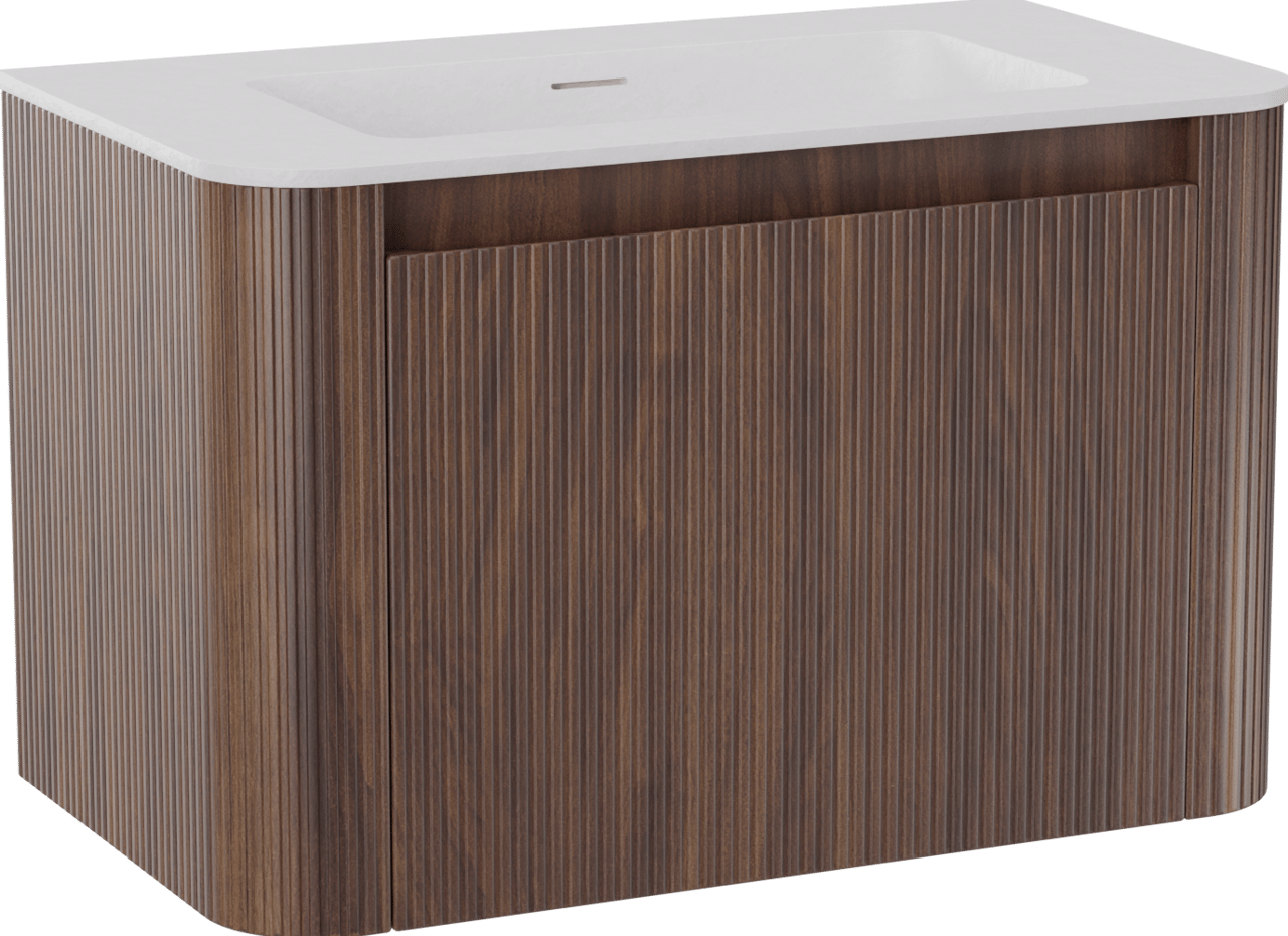 Storke Soft zwevend badkamermeubel 80 x 46 cm notelaar met Mata Soft enkele wastafel in solid surface mat wit, Verticale symmetrische rechte ribbel