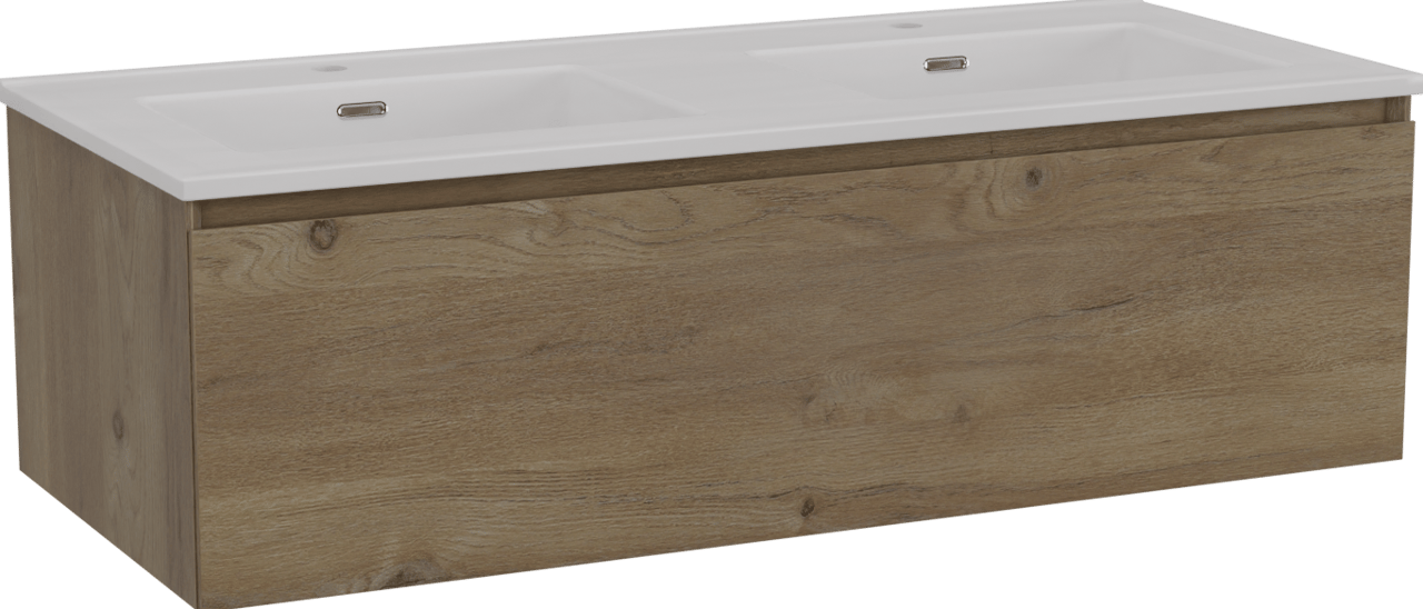 Storke Edge zwevend badmeubel 120 x 52 cm ruw eiken met Kera dubbele wastafel in porselein mat wit