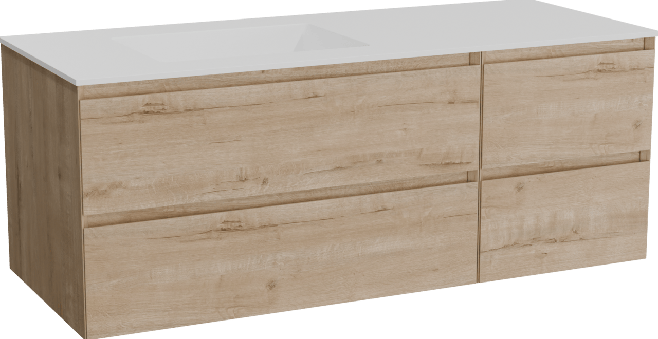 Balmani Mitra hängendes Möbelstück Set: 135 x 55 cm, Rohe Eiche, mit Tablo Stretto Waschtisch links, Solid Surface Weiß matt