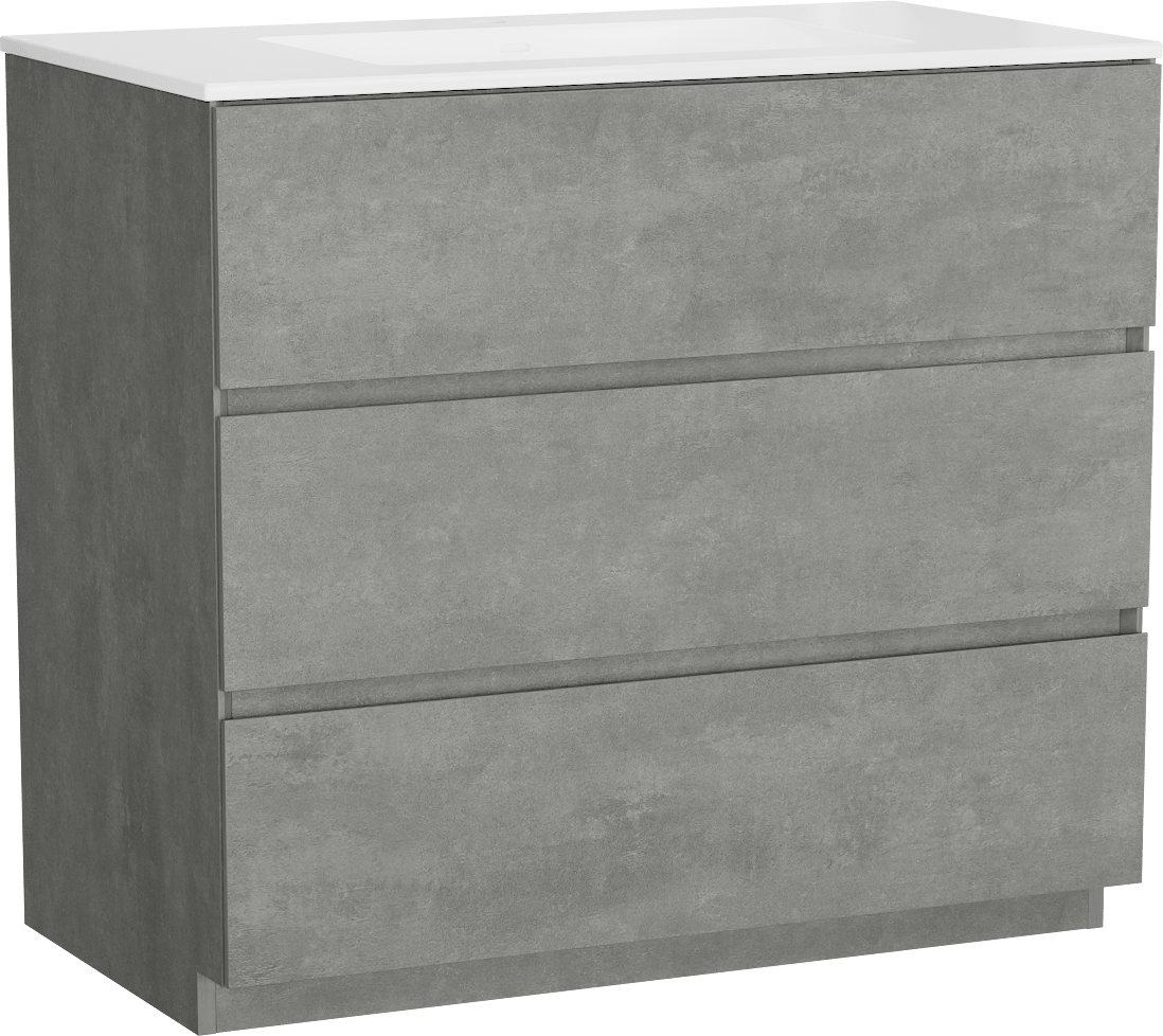Storke Edge freistehendes Möbelstück Set: 95 x 52 cm, Beton dunkelgrau, mit Bilia Einzelwaschtisch, Marmorkomposit Weiß glänzend