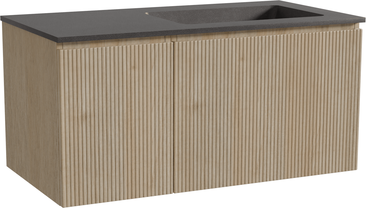 Storke Ribs zwevend badkamermeubel 100 x 52 cm ruwe eik met Scuro asymmetrisch rechtse wastafel in kwarts mat zwart, Verticale symmetrische rechte ribbel
