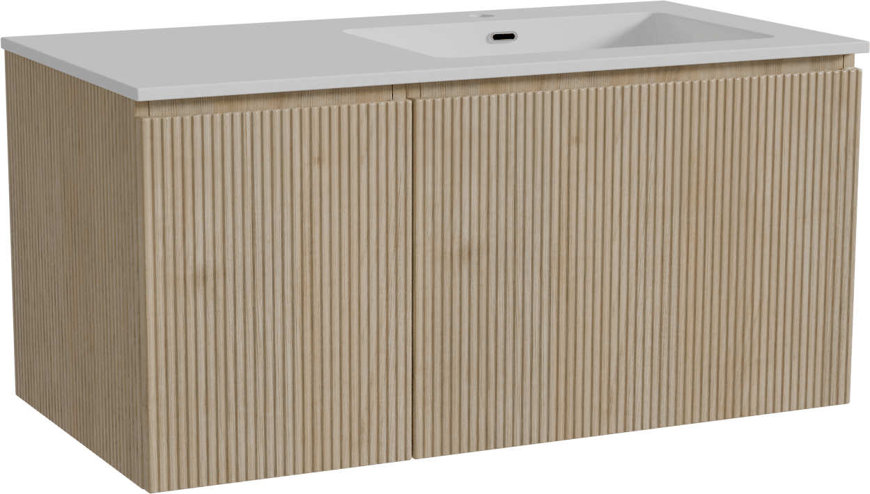 Storke Ribs zwevend badmeubel 100 x 52 cm ruw eiken met Diva asymmetrisch rechtse wastafel in composietmarmer hoogglans wit, Verticale symmetrische rechte ribbel