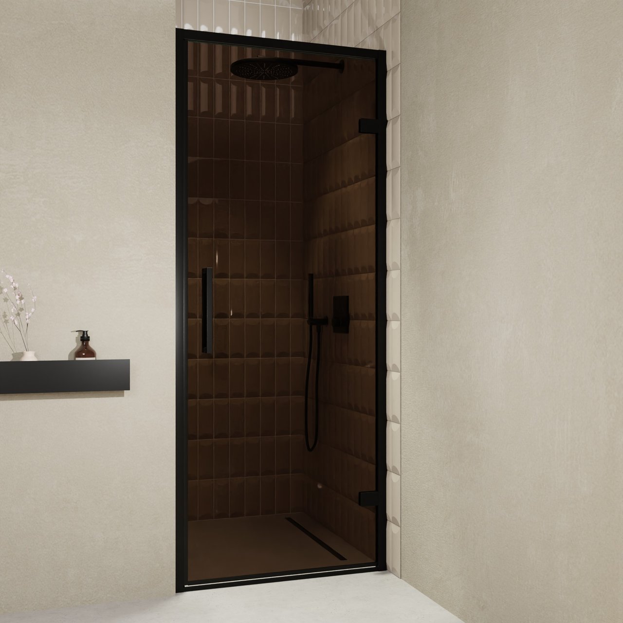 Balmani Senses Design douche draaideur rechts 90 cm x 210 cm Brons glas, Zwarte profielen, met coating