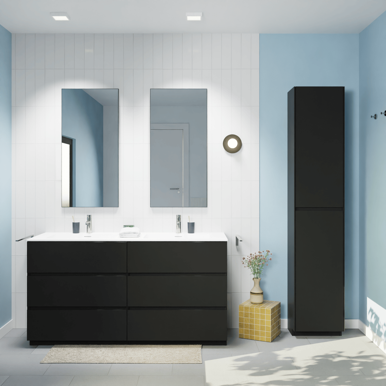 Storke Edge staand badmeubel 150 x 52 cm mat zwart met Mata dubbele wastafel in solid surface mat wit