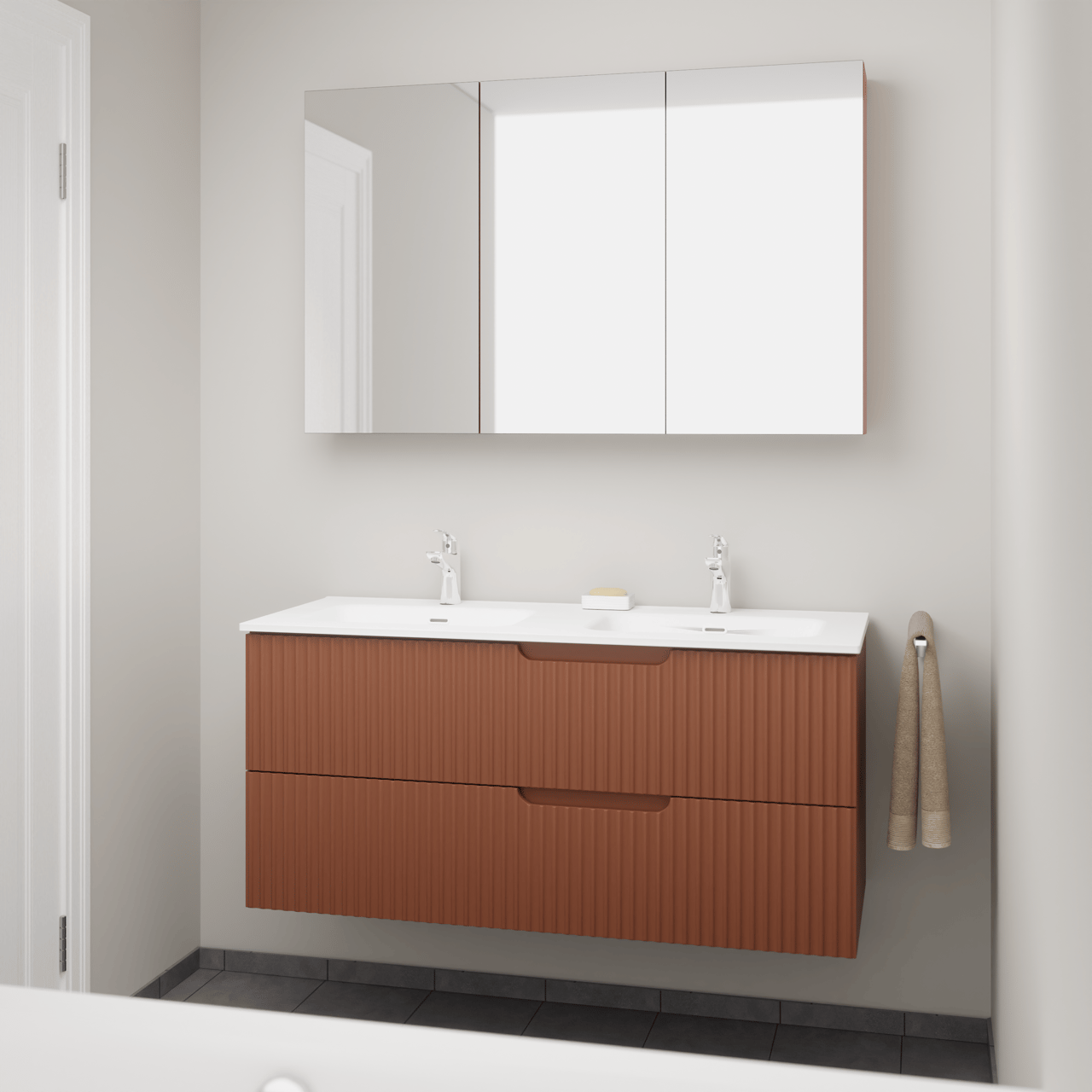 Linie Ribbo hängendes Möbelstück Set: 120 x 46 cm, Cotto, mit Baro Doppelwaschtisch, Porzellan, Weiß glänzend, Vertikale symmetrische runde Rippe und Montro Spiegelschrank