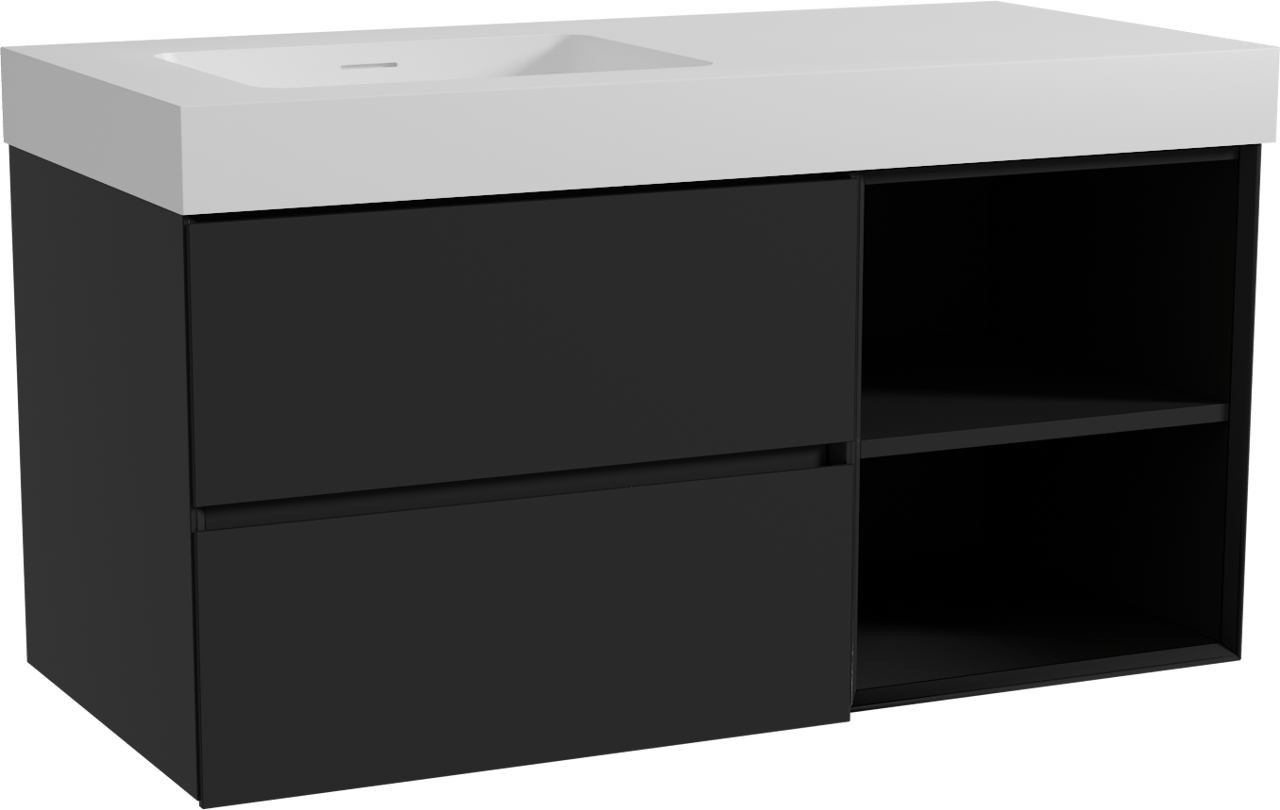 Storke Edge zwevend badmeubel 110 x 52 cm mat zwart met Mata High asymmetrisch linkse wastafel in solid surface mat wit