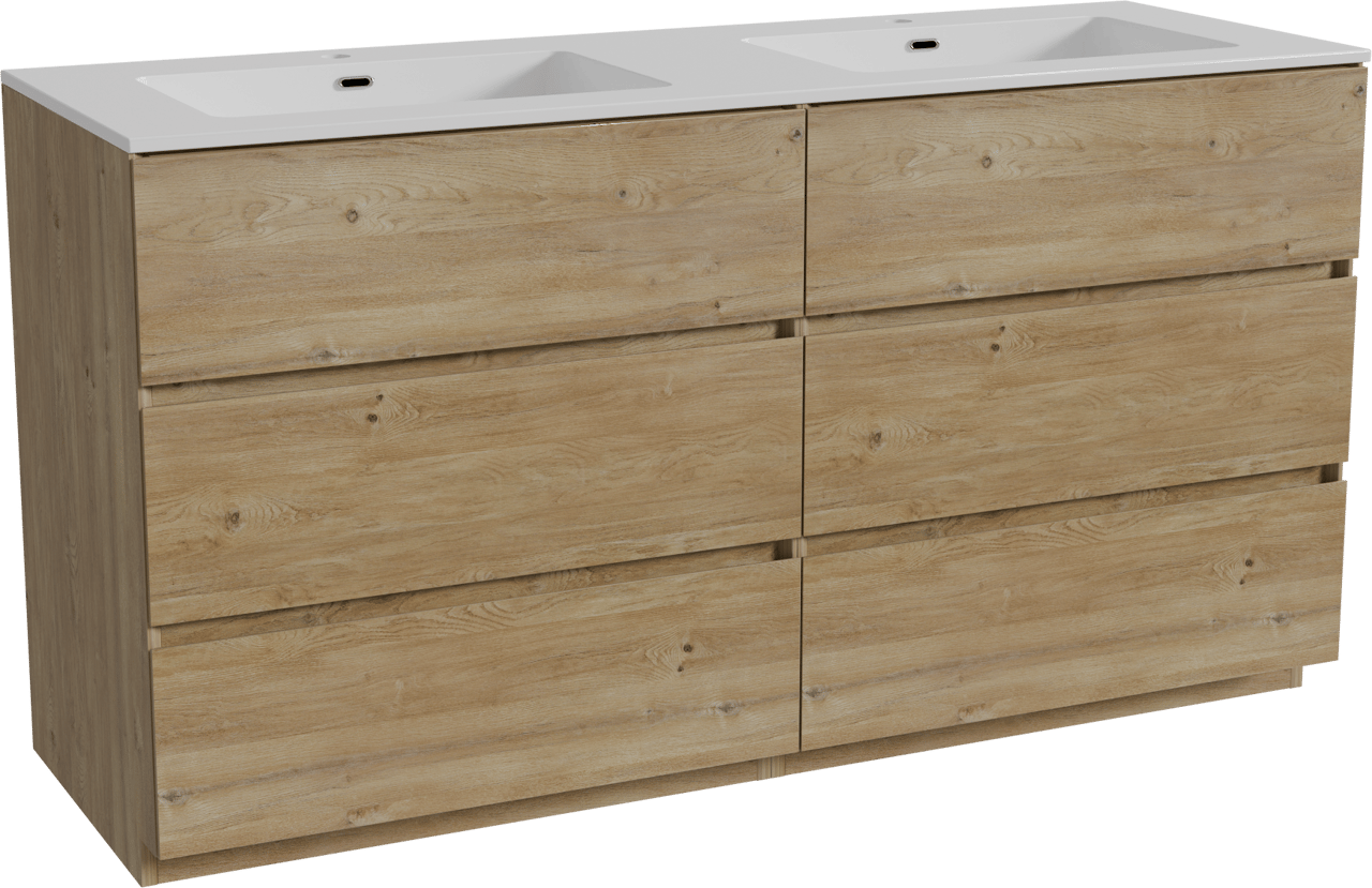 Storke Edge staand badkamermeubel 150 x 52 cm ruwe eik met Diva dubbele wastafel in composietmarmer glanzend wit