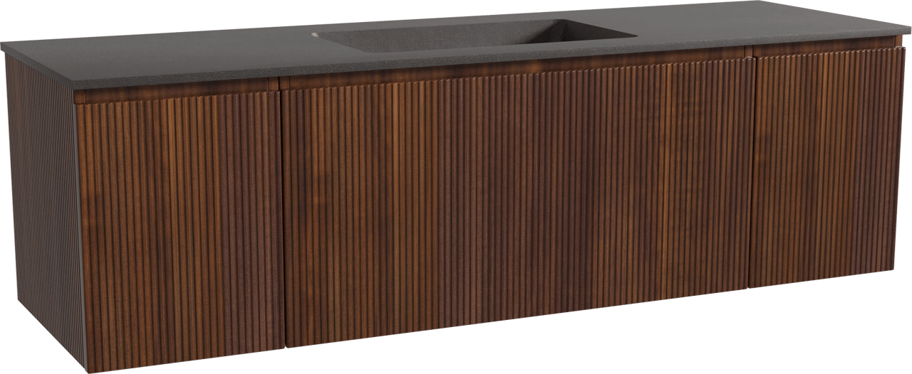 Storke Ribs hängendes Möbelstück Set: 165 x 52 cm, Nussbaum, mit Scuro Einzelwaschtisch, Quarz, Schwarz matt, Vertikale symmetrische gerade Rippe