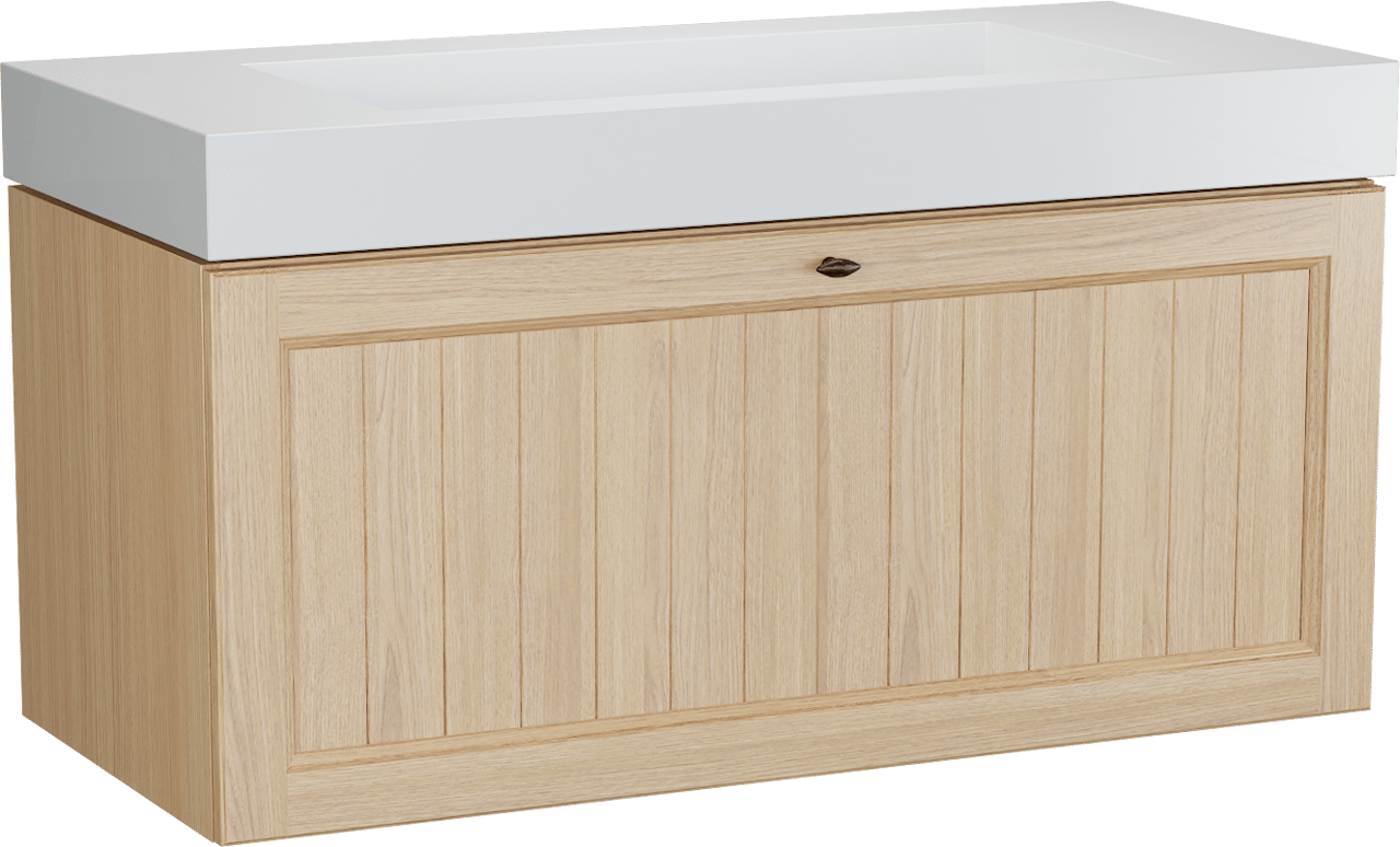 Balmani Lemon zwevend badmeubel 120 x 55 cm, fineer naturel eiken met Modus enkele wastafel voor 2 kraangaten in mat wit