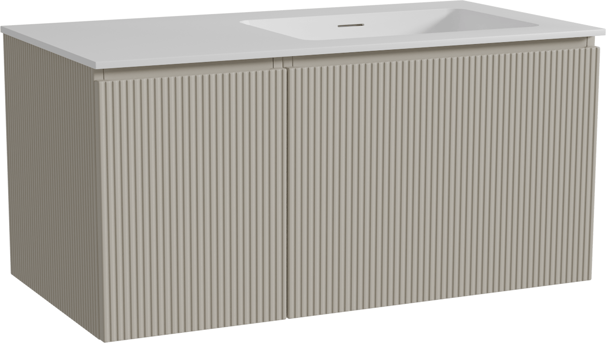 Storke Ribs meuble salle de bains suspendu 100 x 52 cm soie grise avec Mata plan vasque asymétrique à droite en solid surface blanc mat, Nervure droite symétrique verticale