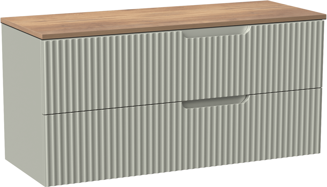 Linie Ribbo meuble salle de bains suspendu 120 x 46 cm greige avec Lado tablette simple ou double en mélaminé chêne naturel, Nervure circulaire symétrique verticale