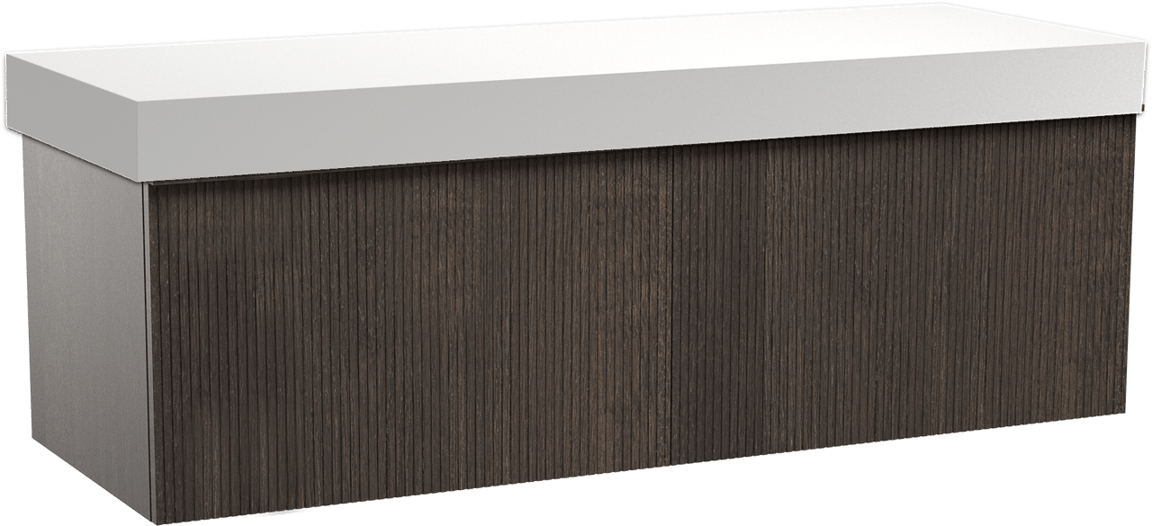 Balmani Forma zwevend badkamermeubel 150 x 55 cm gerookte eik met Dominus enkel of dubbel tablet in solid surface mat wit, Verticale symmetrische rechte ribbel