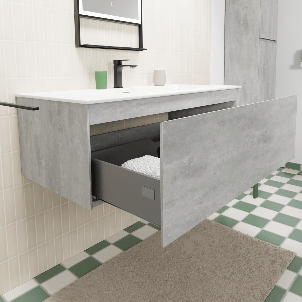 Storke Edge hängendes Möbelstück Set: 105 x 52 cm, Beton dunkelgrau, mit Mata Einzelwaschtisch für 2 Armaturenlöcher, Solid Surface Weiß matt