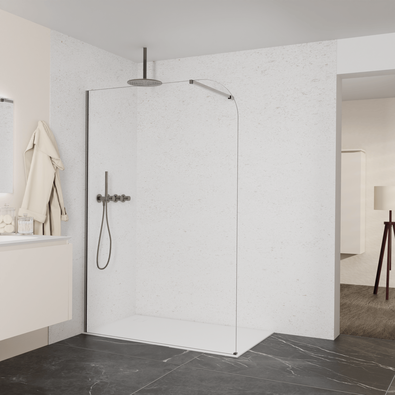 Balmani Modular inloopdouche: 140 x 200 cm, Helder glas afgerond met coating, Brushed GunMetal profielen