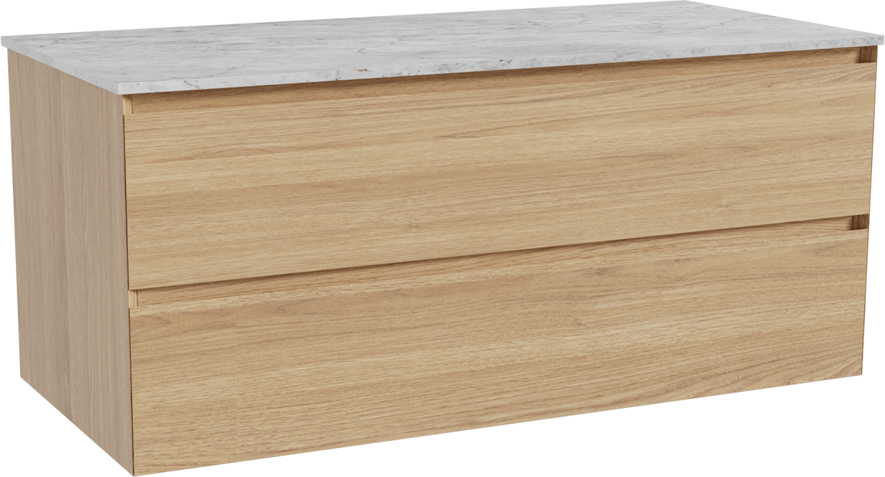 Balmani Mitra hängendes Möbelstück Set: 120 x 55 cm, Naturbelassene Eiche, mit Stretto Einzel- oder Doppel Waschtischplatte, Marmor Carrara