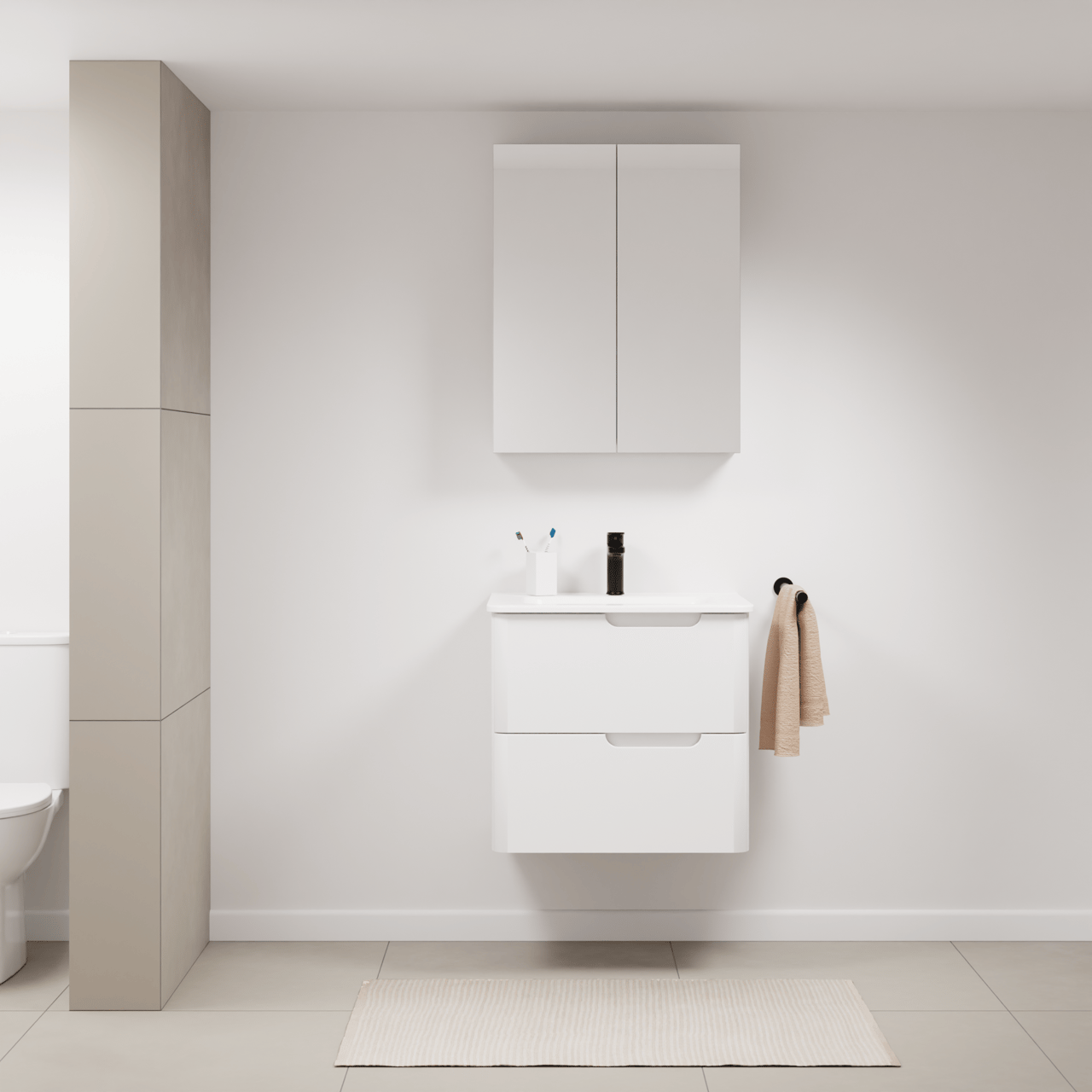 Linie Curvo meuble salle de bains suspendu 60 x 46 cm blanc brillant avec Baro Curvo plan simple en porcelaine blanc brillant