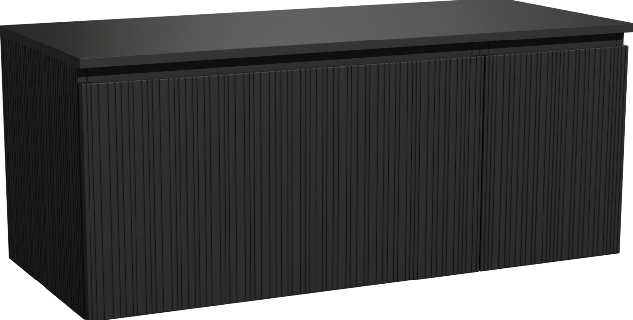 Storke Ribs zwevend badmeubel 120 x 52 cm zwart eiken met Panton enkel of dubbel wastafelblad in gepoedercoate mdf mat zwart, Verticale asymmetrische rechte ribbel