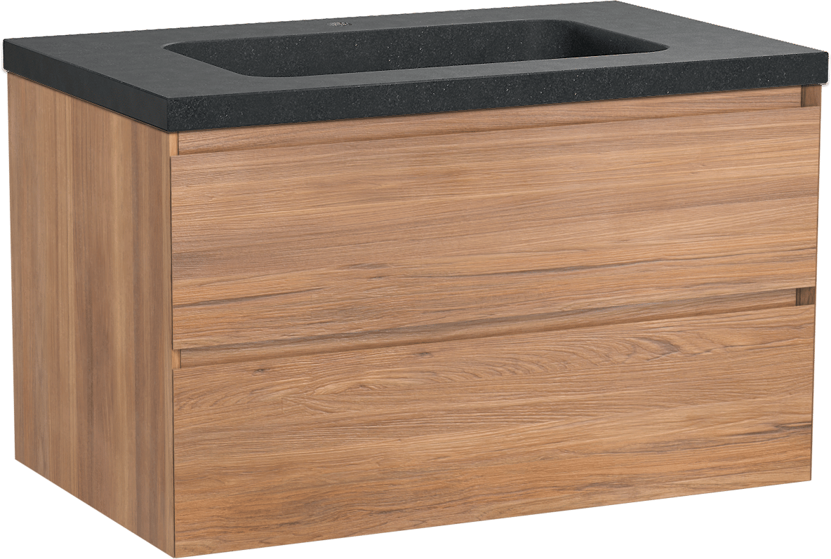 Balmani Mitra zwevend badkamermeubel 90 x 55 cm teak met Napoli enkele wastafel in graniet zwart