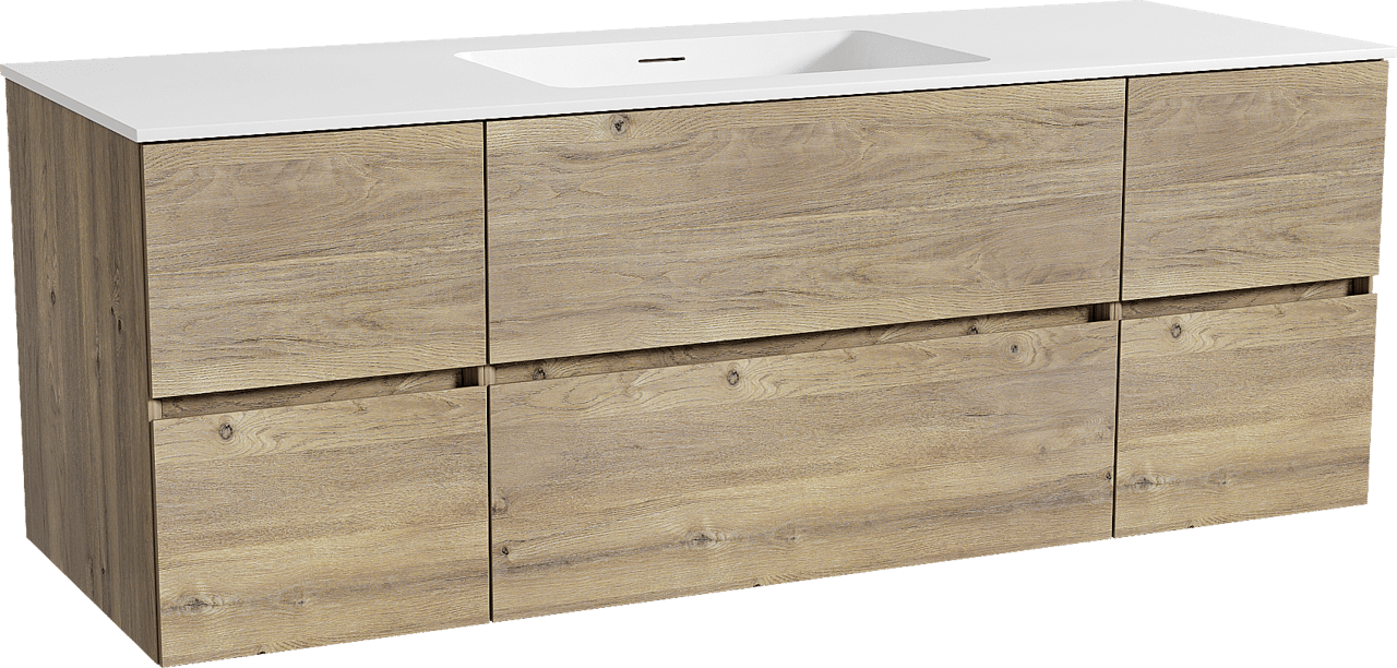 Storke Edge zwevend badkamermeubel 145 x 52 cm ruwe eik met Mata enkele wastafel in solid surface mat wit