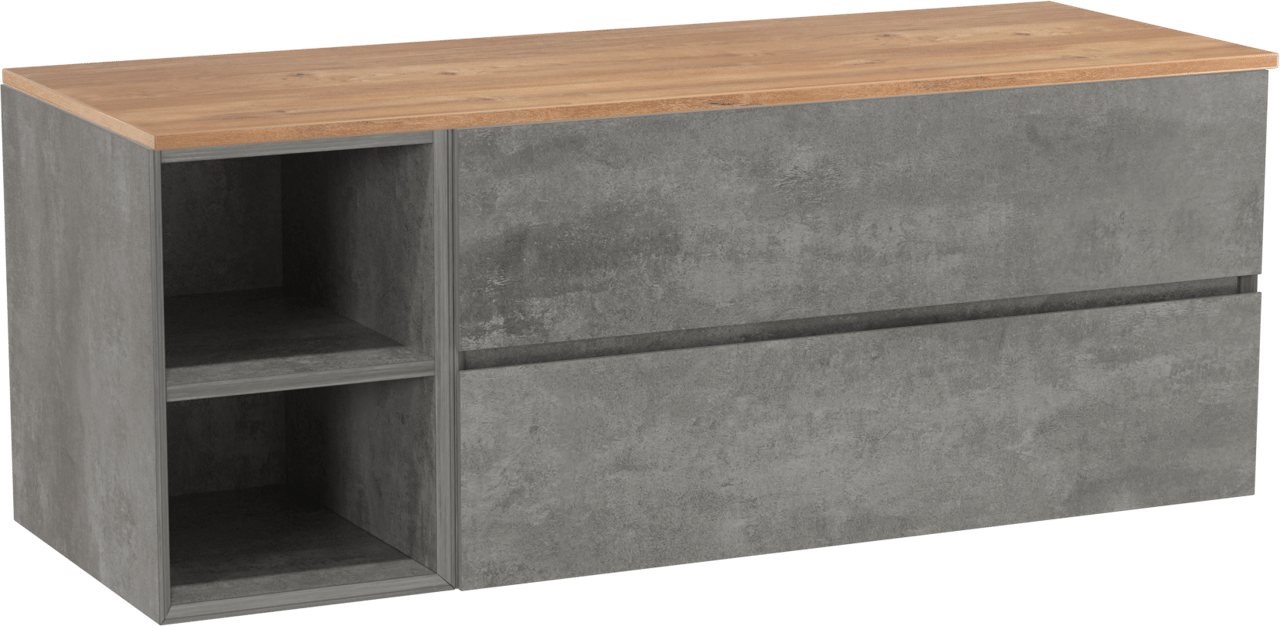 Storke Edge zwevend badkamermeubel 140 x 52 cm beton donkergrijs met Panton enkel of dubbel tablet in melamine ruwe eik