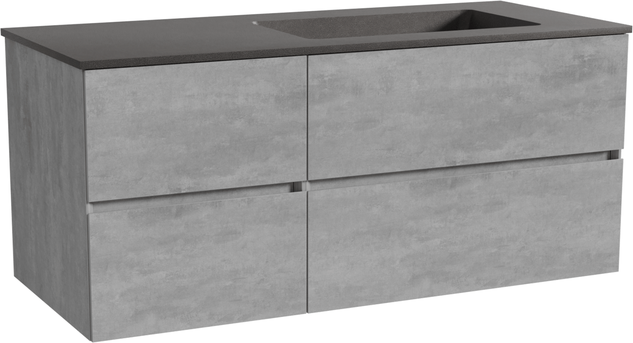 Storke Edge meuble salle de bains suspendu 120 x 52 cm béton gris foncé avec Scuro plan vasque asymétrique à droite en quartz noir mat